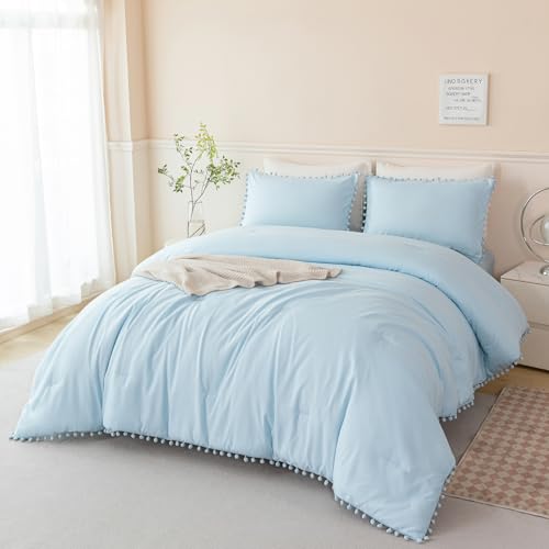 PERFEMET 5 Pieces Full Bed in A Bag Light Blue Pom Pom Bedding Set for Girls Boys Soft Fluffy Boho Solid Bedding Comforter Set with Sheets(Light Blue, Full) PERFEMET