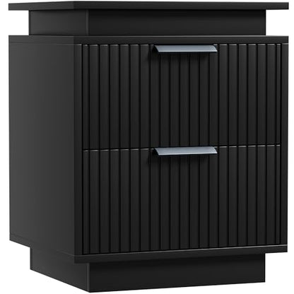 YESHOMY Nightstand with LED Lights, End Table with 2 Drawers and Waveform Panel, Night Stand with Handles, for Bedroom and Apartment, Black