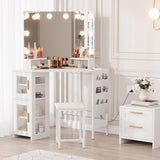 Garvee Corner Vanity Desk and Stool, Corner Makeup Vanity with Light Bulbs Mirror Charging Station and Cabinet for Bedroom, White Garvee