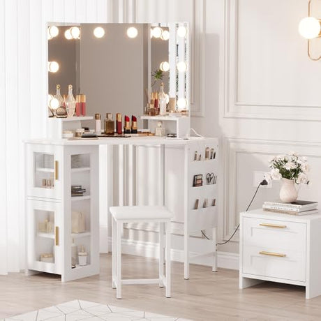 Garvee Corner Vanity Desk and Stool, Corner Makeup Vanity with Light Bulbs Mirror Charging Station and Cabinet for Bedroom, White Garvee