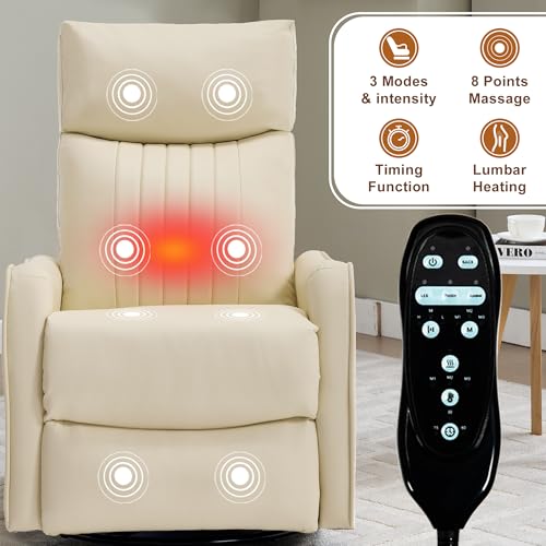 High Back Massage Recliner with Heat - Swivel Rocking Chair for Small Spaces, Manual Lazy Boy Recliner for Adults, Perfect for Living Room & Bedroom, Soft Fabric (Beige FL)