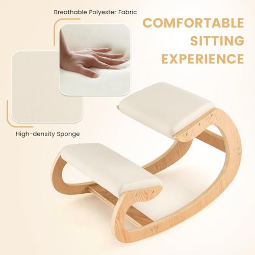 FIREFLOWERY Ergonomic Kneeling Chair, Wooden Posture Chair W/Extra Padding for Back Neck Pain Relief & Improving Posture, Rocking Meditation Stool W/Knee Support for Home Office (Beige) FIREFLOWERY