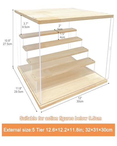AZEYN Clear Acrylic Display Case with Light , 5 Tier Display Box Stand Assembly Dustproof Protection Showcase for Collectibles Action Figures Mini Decorations (12.6×12.2×11.8in; 32×31×30cm) AZEYN