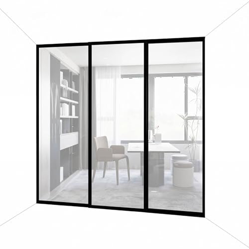 3-Panel Clear Glass Sliding Room Divider - Tempered Glass Wall Separator Screen for Office, Home, Workstation, Cubicle, Desk - Commercial & Residential Partition - 90" W x 80" H, Black Frame The Sliding Door Company
