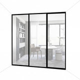 3-Panel Clear Glass Sliding Room Divider - Tempered Glass Wall Separator Screen for Office, Home, Workstation, Cubicle, Desk - Commercial & Residential Partition - 90" W x 80" H, Black Frame The Sliding Door Company