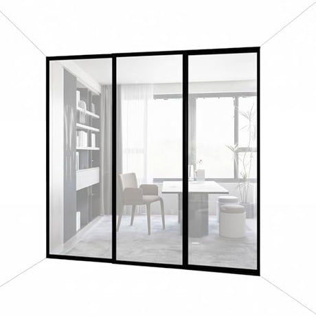 3-Panel Clear Glass Sliding Room Divider - Tempered Glass Wall Separator Screen for Office, Home, Workstation, Cubicle, Desk - Commercial & Residential Partition - 90" W x 80" H, Black Frame The Sliding Door Company