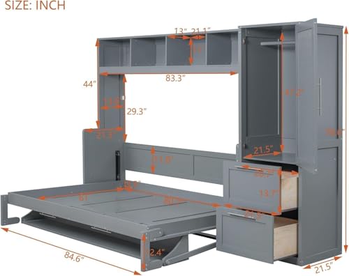 Virubi Queen Horizontal Murphy Bed with Storage Wardrobe Closet,2 Drawer,4 Storage Shelves,Wood Folding Murphy Wall Bed Cabinet for Adult (Grey,Queen) Virubi