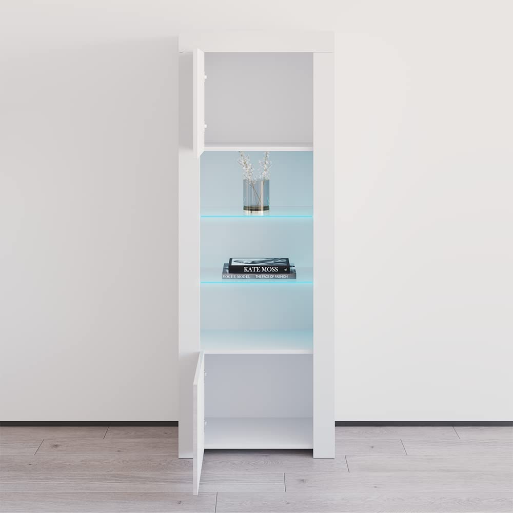 Meble Furniture Modern Freestanding Bookcase with Customizable LED Lights - Durable Wooden Bookshelf with Two High Gloss Doors and a Glass Shelf - Decorative Storage Bookcase - White MEBLE FURNITURE & RUGS