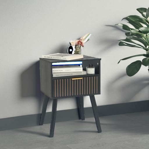 MaxSmeo Black Nightstand with Drawer, Mid Century Modern Bedside Table with Open Shelf Storage, End Table with Solid Wood Legs, Black MaxSmeo