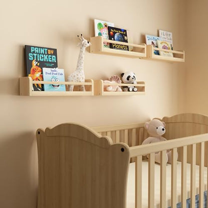 Boswillon Handcrafted Dual-Guard Floating Shelves Set of 4 in Natural Wood for Nursery and Versatile Wall Storage - WoodArtSupply