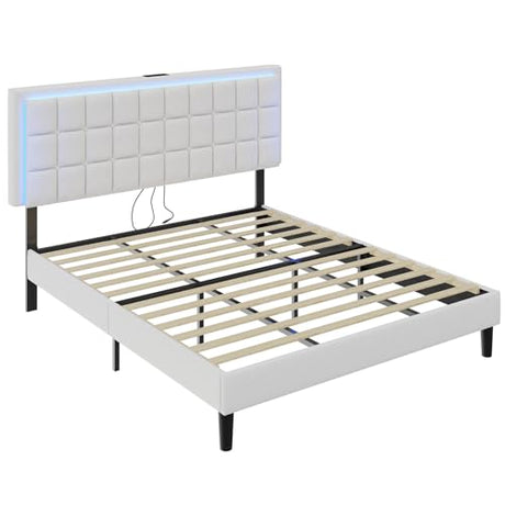 AMERLIFE King Size Upholstered Bed Frame with LED Lights, Soft Fabric/Button Tufted Platform Bed with Charging Station/Wood Slat Support/Noise Free, White AMERLIFE