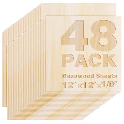 Basswood Sheets 12"x12"x1/8",3mm Basswood for Laser Cutting,Thin Plywood Board Unfinished Wood for Crafts, DIY Architectural Models Making, Wood Engraving (12inchx12inch-1/8-48Packs)