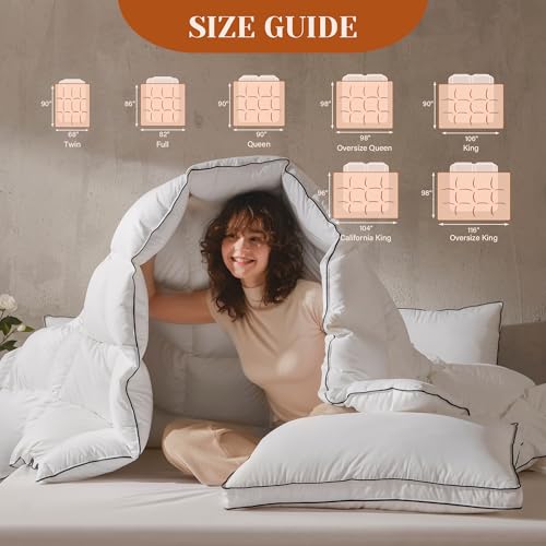 Richtry Goose Feather Down Fiber Comforter Queen Size, Fluffy Cotton Quilted White Duvet Insert, Ultra-Soft, Breathable, Luxury Bedding Comforter All Season Medium Warmth with Corner Tabs, 90x 90Inch Richtry