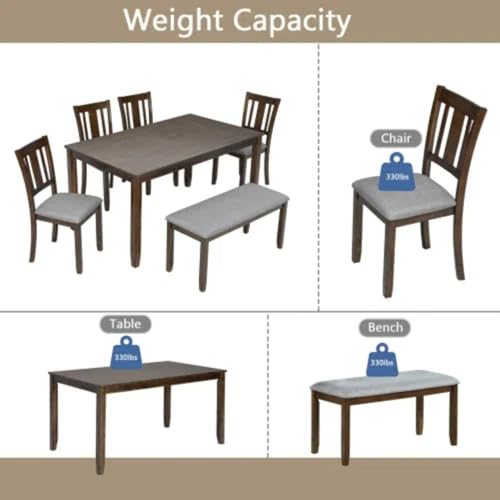 Trygoal 6-Piece Dining Table Set for 4-6 People, Kitchen Set with 4 Upholstered Chairs and One Bench, Living Room Chairs with Slatted Backrest, Rectangular Wooden Table for Home Bar, Walnut Trygoal