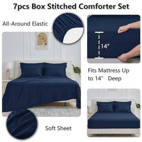 CozyLux Full Size Comforter Sets Navy Blue - 7 Pieces Bed in a Bag Full, Oeko-Tex Certified Bed Set, All Season Soft Bedding Set with Down Alternative Comforter, Sheets, Pillowcases & Pillow Shams CozyLux