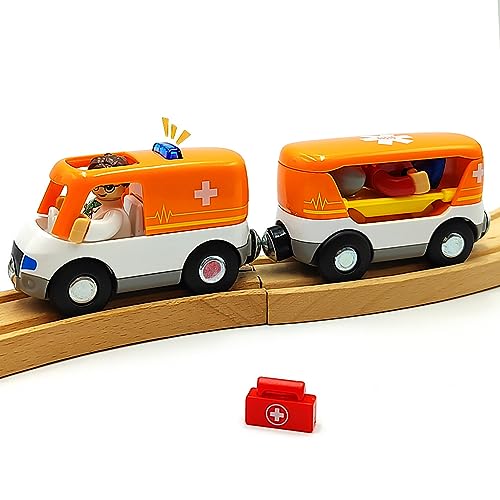 Magnetic Trains Cars Playset Wooden Train Track Accessories Train Set for Toddlers 3-5 Wooden Train Sets for Boys Ages 2-4-7 (Ambulance B (with Light and Sound)) DSHMIXIA