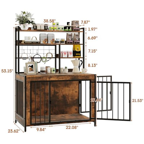 Halitaa 38.6" Dog Crate Furniture with Storage Shelves, Double Doors, Heavy Duty Dog Kennel Furniture for Large/Medium/Small Dogs, Wooden Dog Cage Pet House with Hooks, Rustic Brown Halitaa