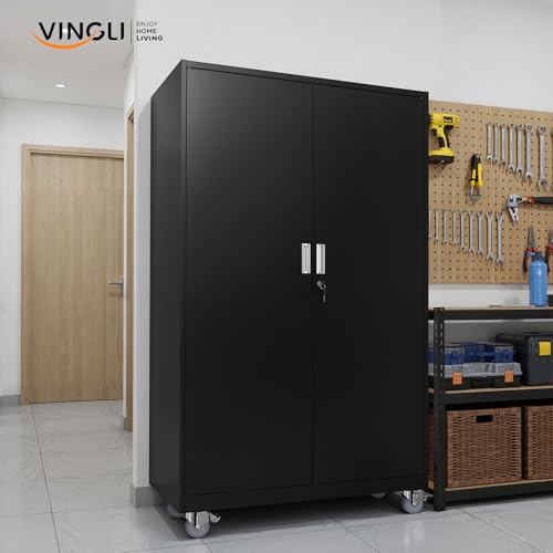 VINGLI Large Metal Storage Cabinet with 2 Doors and 5 Adjustable Shelves, Upgraded Height & Wide & Deep, 43''W x 20''D x 72''H, Oversized Garage Storage Cabinet with Wheels and Locks (Black) VINGLI