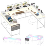 U Shaped Computer Gaming Desk, 79’’ Reversible l Shaped Computer Desk with Power Outlet & LED Strip, Office Desk with Monitor Stand, Large Corner Desk with Storage Bag for Bedroom, Office, White TrailBlaze