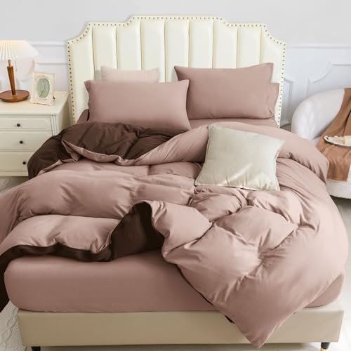 PURE ERA Jersey Knit Duvet Cover Set 100% T-Shirt Cotton Super Soft Comfy 3pc Bedding Set with Zipper Closure (Petal Pink/Dark Brown, Queen, 90"X90") PURE ERA