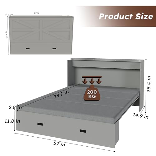 Bellemave Full Murphy Bed with Mattresses and Charging Stations and Storage Drawer, Farmhouse Murphy Cabinet Bed with Foldable Panel, Noisy Free, for Guest Bedroom, Living Room, Gray Bellemave