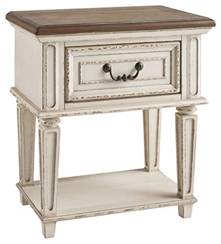 Signature Design by Ashley Realyn Traditional Cottage 1 Drawer Nightstand with Dovetail Construction & Open Display Shelf, Chipped White, Distressed Brown - WoodArtSupply