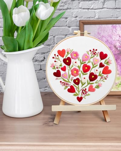 ERKOON Embroidery Kit for Beginners Adult, Flower Cross Stitch Set Include Embroidery Cloth Hoops Threads for Craft Lover Hand Stitch with Embroidery Skill Techniques (Heart) ERKOON