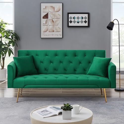 71.65'' Convertible Sofa Bed Modern Futon Set, Velvet Foldable Reclining Loveseat, Three Adjustment Angles,Mid Century Modern Couches for Living Room/Bedroom/Apartment, Easy Assembly,Green Meqiodas