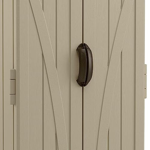 Suncast 22 Cubic Feet Capacity Tall Plastic Vertical Outdoor Shed for Garden, Backyard, Patio, or Pool Supplies Storage, Brown Suncast