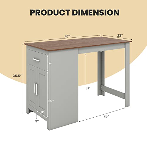 COSTWAY Light Grey Counter Height Dining Table with Drawer and Adjustable Storage Shelves - WoodArtSupply