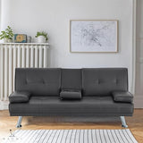 Naomi Home Black Futon Sofa Bed Faux Leather Futon Couch with Armrest and 2 Cupholders Pull Out Sofa Bed Couch with Metal Legs Reclining Small Bed Black Couches for Living Room Naomi Home