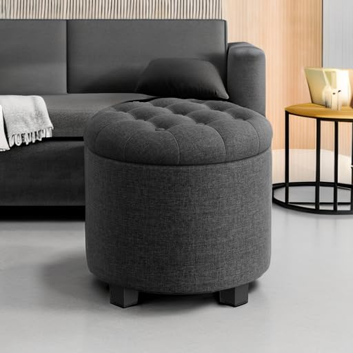 SONGMICS Round Ottoman, Ottoman with Storage, 17.7 Dia. x 17.5 H Inches Foot Rest with Legs, Load up to 330 lb, for Living Room, Bedroom, Dark Gray ULOM011G01 SONGMICS