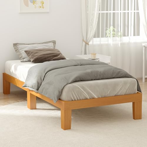DUMOS Solid Wood Bed Frame, Twin Size Bed Base with Wood Slat Support, Sturdy, Stylish & Noise-Free Design, No Box Spring Needed, Easy Assembly, 12 in Natural Pine DUMOS