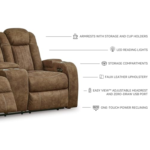 Signature Design by Ashley Wolfridge Contemporary Faux Leather Power Reclining Loveseat with Console, Cup Holders and USB Ports, Light Brown Signature Design by Ashley