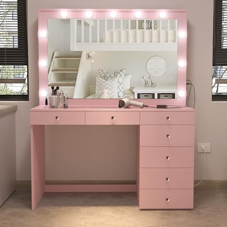 Boahaus Serena Large Makeup Vanity Desk with Hollywood Lights, 11 Drawers, Hair Dryer Hanger, USB Type-C & Type-A, 110V Power Outlet for Beauty Tools, Glass Top, Crystal Knobs – Premium Pink Finish Boahaus