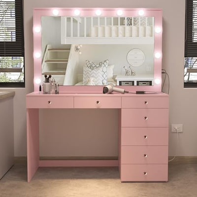 Boahaus Serena Large Makeup Vanity Desk with Hollywood Lights, 11 Drawers, Hair Dryer Hanger, USB Type-C & Type-A, 110V Power Outlet for Beauty Tools, Glass Top, Crystal Knobs – Premium Pink Finish