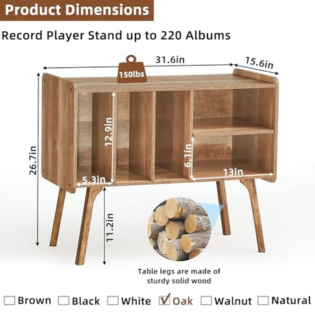 Lerliuo Record Player Stand with 4 Cabinet Holds Up to 220 Albums, Large Turntable Stand with Beech Wood Legs, Mid-Century Record Player Table Lerliuo