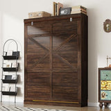 Hlivelood Queen Size Murphy Bed with 2 LED Lights, Farmhouse Wood Hidden Foldable Wall Bed Frame w/Gas Struts, Storage Bed Cabinet for Bedroom, Office, Space-Saving, No Box Spring Needed, Brown Hlivelood
