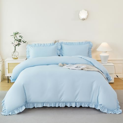 ZSYAYAHA Twin Size Duvet Cover Set Light Blue Ruffle Comforter Covet Set for Girls Kids Teens 3 Pieces Soft Microfiber Bedding Set All Seasons(Light Blue, Twin) ZSYAYAHA