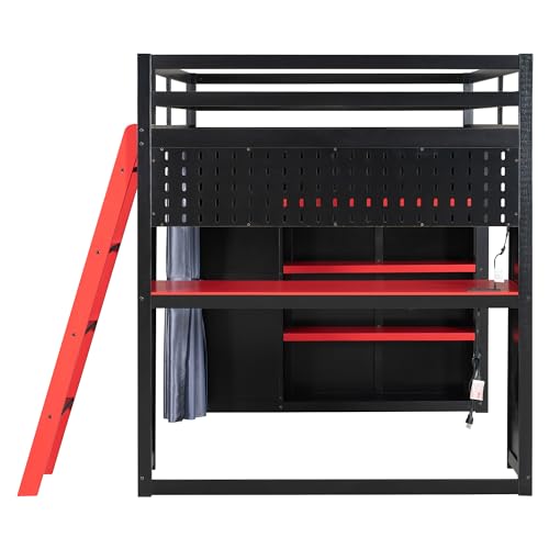 Gaming Loft Bed with Desk & Storage Shelves & Wardrobe & RGB Lighting,Full Size Wood Loft Bed Frame with Guardrail,DIY Pegboard,Curtains and Ladder,Esports Design for PC & Console Gamers,Black Red Harper & Bright Designs