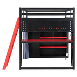 Gaming Loft Bed with Desk & Storage Shelves & Wardrobe & RGB Lighting,Full Size Wood Loft Bed Frame with Guardrail,DIY Pegboard,Curtains and Ladder,Esports Design for PC & Console Gamers,Black Red Harper & Bright Designs