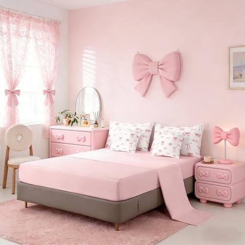 Erosebridal Pink Bow 7 Piece Comforter Set for Girls, Cute Bowknot Bedding Sets Bed in A Bag Twin Size Kawaii Ribbon Bow Sheet Set for Kids Boys Teens Women Bedroom Bow Knot Aesthetic Bed Sets Erosebridal