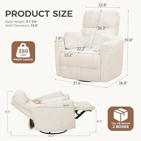 SENYUN Power Swivel Rocker Recliner for Adults, Large Glider Rocking Chair w/ 2 Pillows, USB and Type-C Ports, Night Light, Fluffy Plush Nursery Chair for Living Room, Bedroom,Nursery, Beige SENYUN