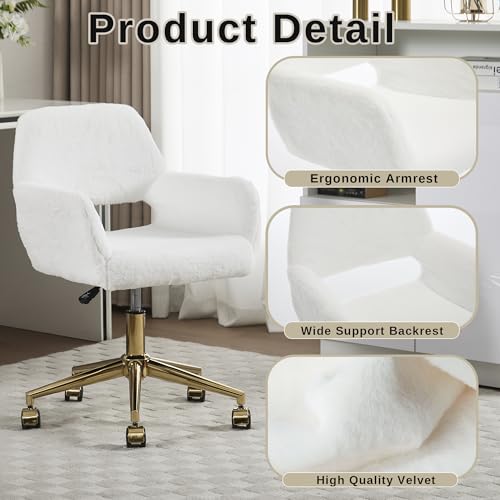 HENGJIANYI Faux Fur Swivel Desk Chair, Modern Fluffy Makeup Vanity Chair, Height Adjustable Armchair with Gold Base, Ergonomic Office Chair with Hollowed Back, White HENGJIANYI