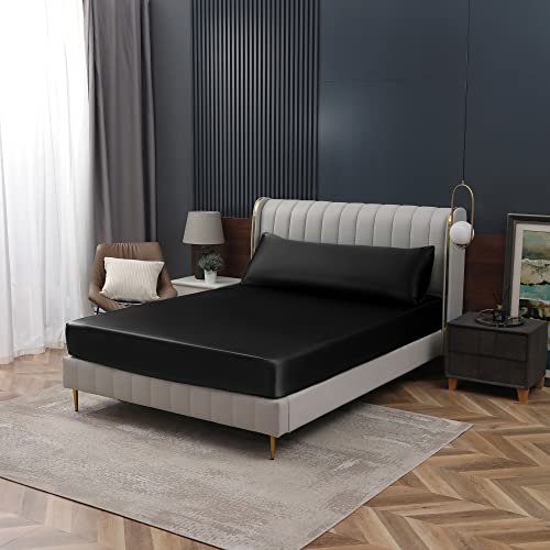 Homiest Black Satin Fitted Sheet Full Size Deep Pocket Luxury & Ultra Soft Bedding Single Bottom Bed Sheets Sold Separately Homiest
