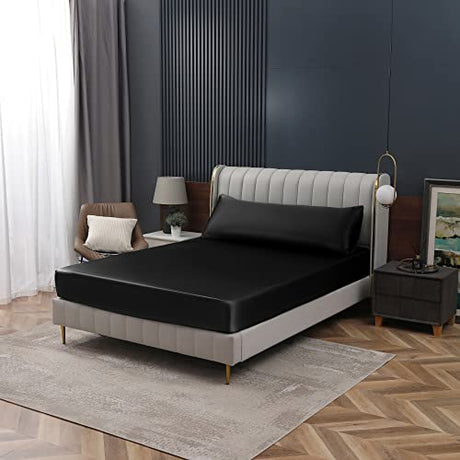 Homiest Black Satin Fitted Sheet Full Size Deep Pocket Luxury & Ultra Soft Bedding Single Bottom Bed Sheets Sold Separately Homiest