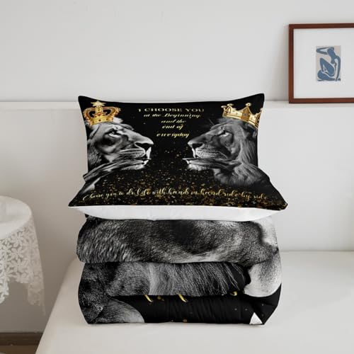 3D Lion Couple Comforter Set Queen Size,Golden Glitter King and Queen Crown Bedding Set for Kids Girls Women Men Bedroom Decor,African Wild Animals Quilt Set Valentine's Day Duvet Insert,Black Castle Fairy
