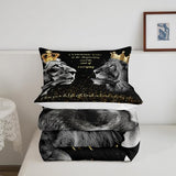 3D Lion Couple Comforter Set Queen Size,Golden Glitter King and Queen Crown Bedding Set for Kids Girls Women Men Bedroom Decor,African Wild Animals Quilt Set Valentine's Day Duvet Insert,Black Castle Fairy