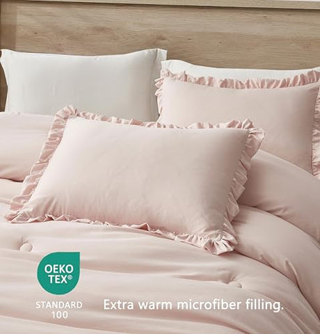Chezmoi Collection Nora Blush Comforter Set Twin Size 2-Piece Lightweight Soft Stone-Washed Ruffled Shabby Chic Bedding for All Season Chezmoi Collection