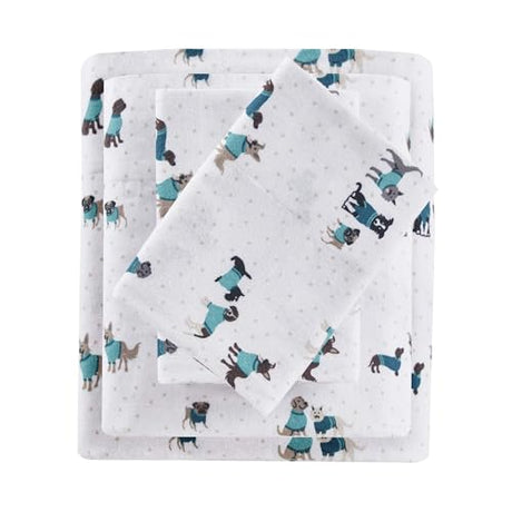 Intelligent Design Cozy Soft 100% Cotton Flannel Print Animals Stars Cute Warm, Ultra Soft Cold Weather Sheet Set Bedding, Full, Teal Dogs 4 Piece Intelligent Design